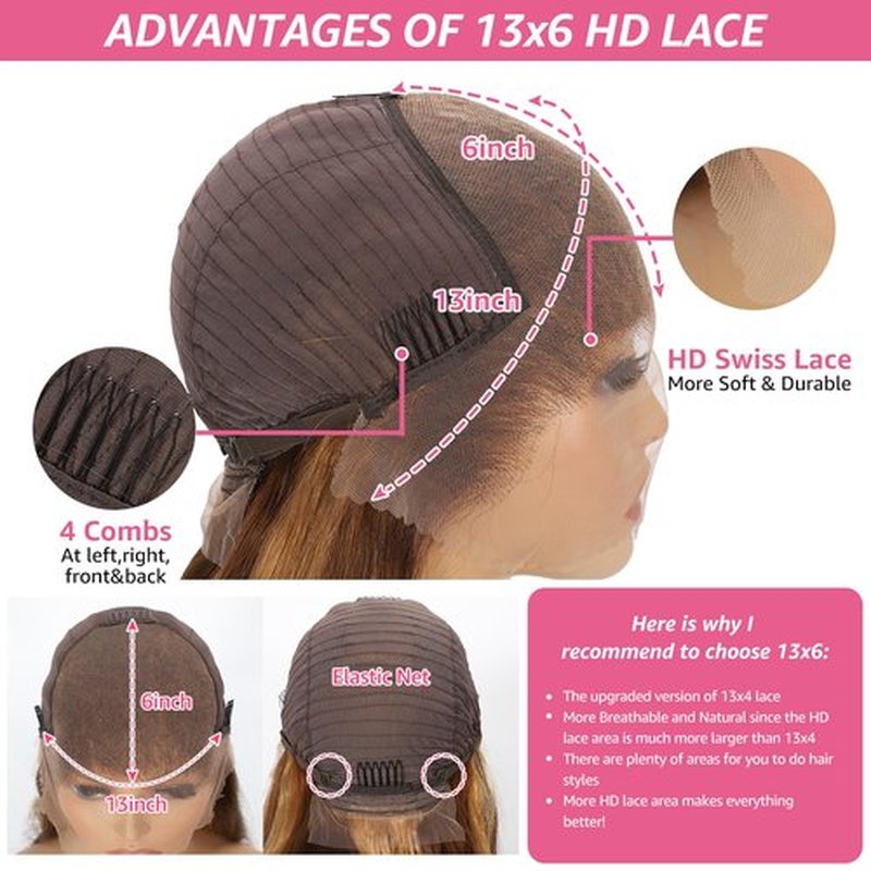 Honey Blonde Ombre Lace Front Wig Human Hair Highlight 13X6 Straight Lace Front Wigs Human Hair Pre Plucked 200 Density 4/27 Glueless HD Lace Frontal Highlighted Wig Human Hair for Women 24 Inch