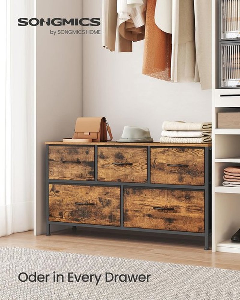 SONGMICS Dresser - 5-Drawer Storage Organizer Unit in Rustic Brown & Ink Black | Stylish Bedroom Chest