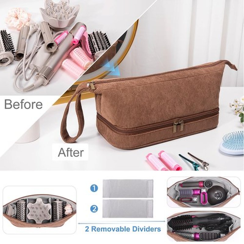 ELCUPA Hair Tools Travel Case - Double-Layer Organizer for Hair Dryer, Curling Iron & Attachments - Brown Corduroy with Zipper Closure & Top Handle