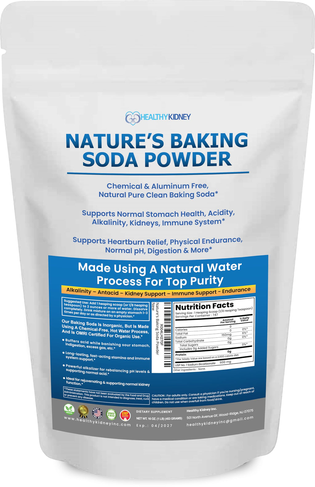 Nature’s Baking Soda Supplement Powder Organic Use Aluminum Free Better Than Baking Soda Tablets. No Chemicals Pure Powder for Health, Kidneys, Stomach & Wellness 1lb