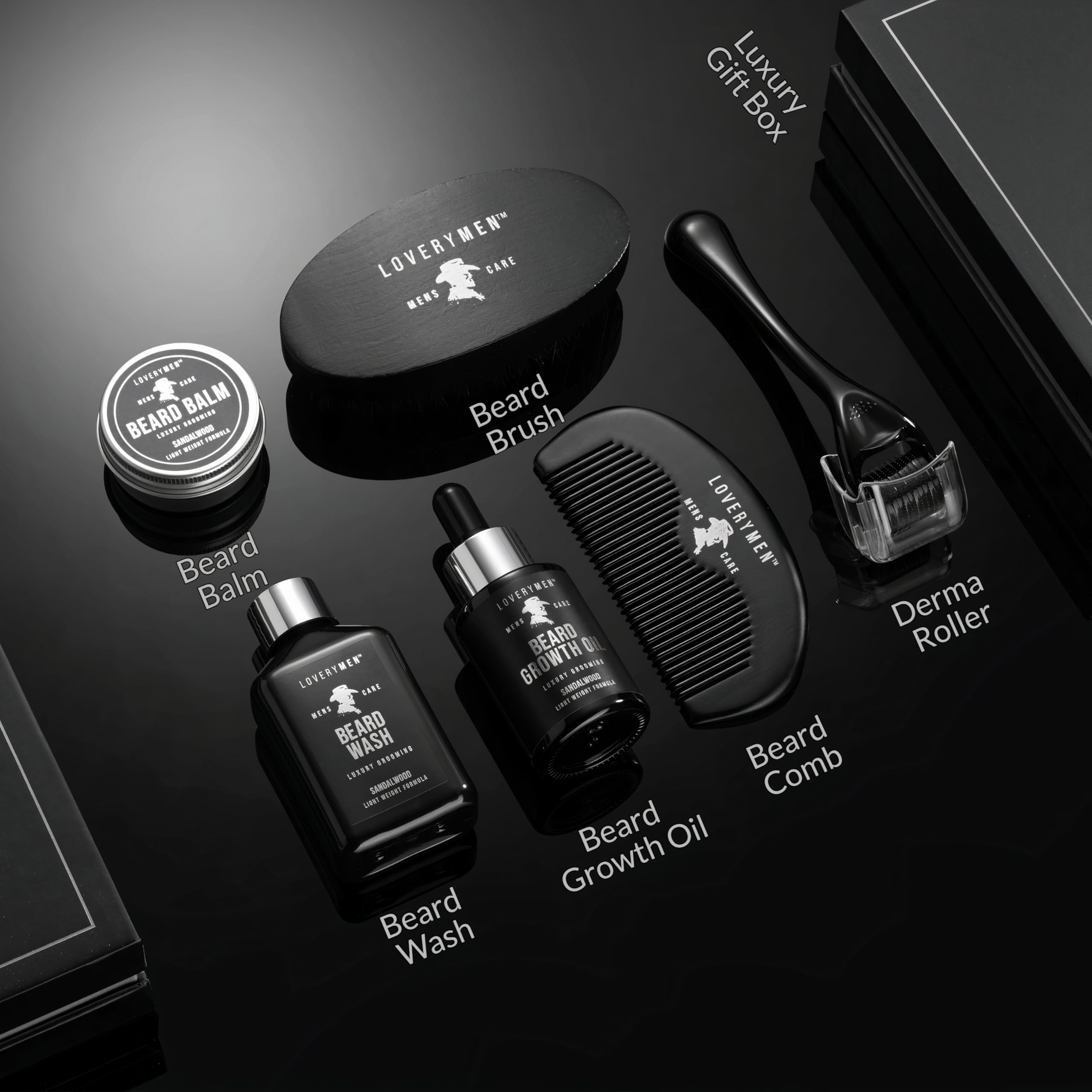 LOVERY Gifts for Him - Beard Grooming Kit - Includes Beard Oil, Beard Balm, Beard Wash, Comb, Brush & more– Mens Gifts for Him, Boyfriend, Husband, Dad - Sandalwood Beard Kit