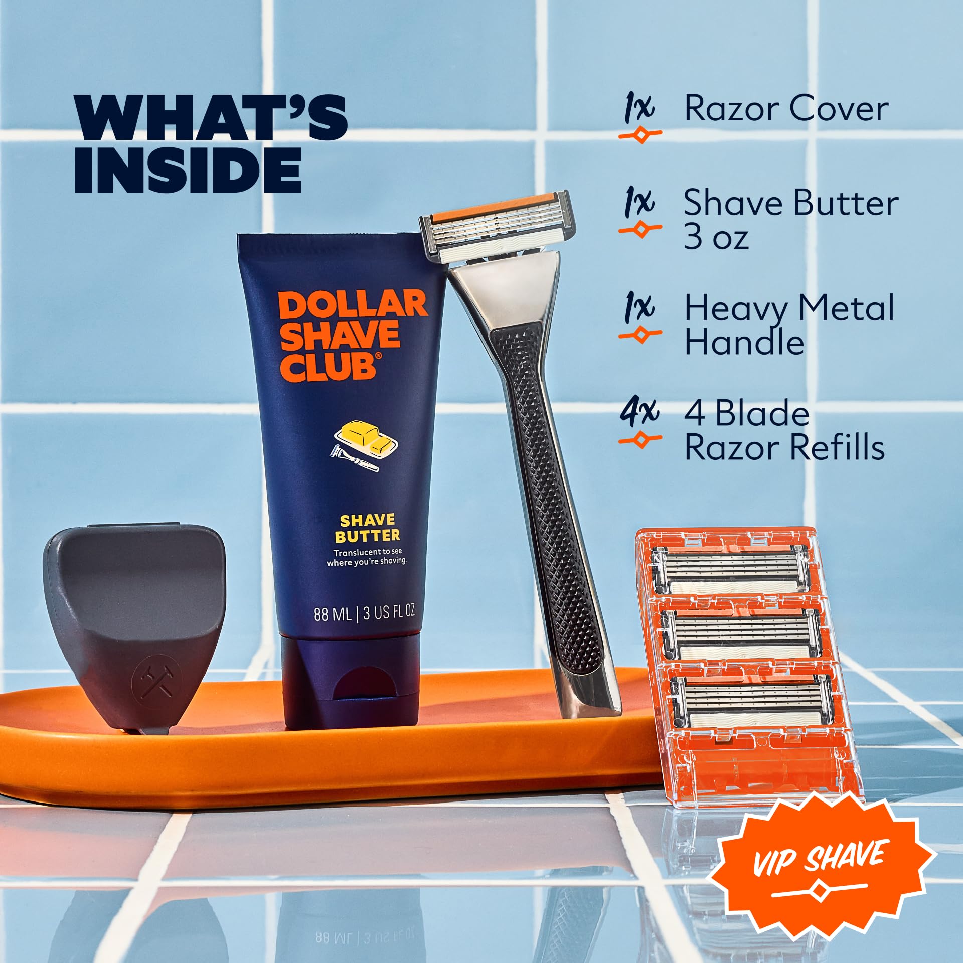 Dollar Shave Club | The VIP Shave Set | 4 Swift Rinse Refill Cartridges, 1 Heavy Metal Handle, 1 Shave Butter 3 ounce, 1 Razor Cover, Razors for Men