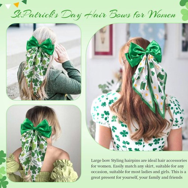 OAOLEER 2PCS St. Patrick's Day Hair Bows for Women 8 Inch Green Satin Layered Hair Clips with Long Tail French Style Hair Accessories for Girls
