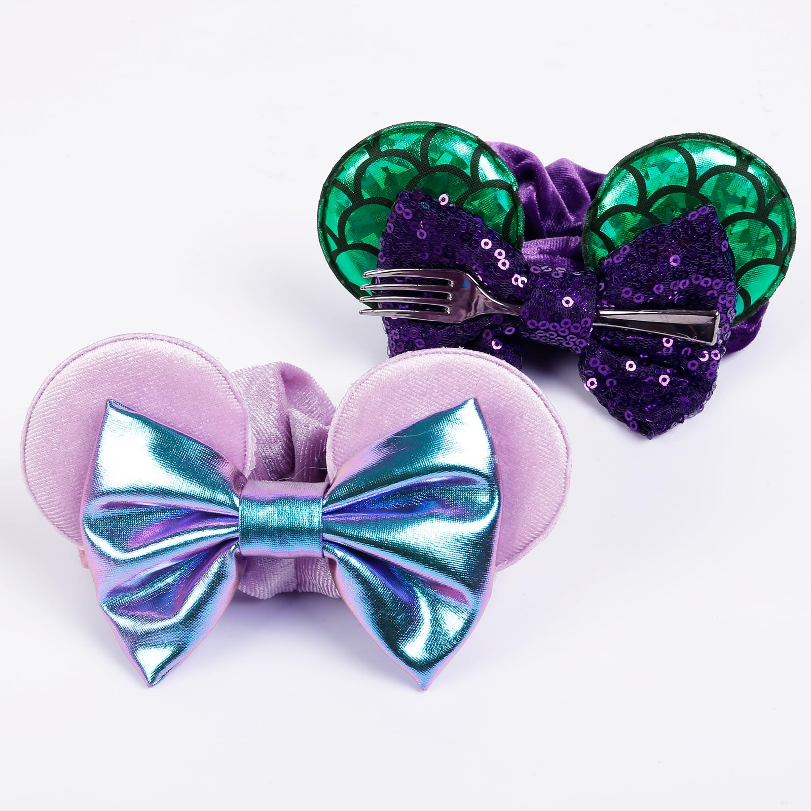 WOVOWOVO Mouse Ear Hair Scrunchies, 2 Count Mermaids Velvet Hair Ties for Ponytail, Cute Hair Accessories for Women and Girls, Purple