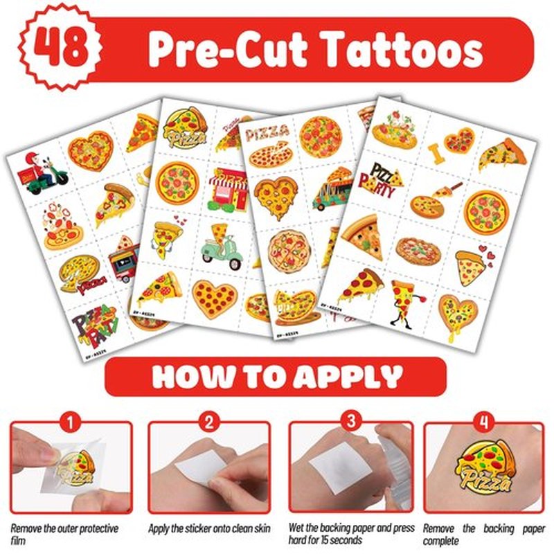 72PCS Pizza Party Set 48PCS Temporary Tattoos 24PCS Slap Bracelets Fun Food Themed Birthday Supplies, Baby Shower Gifts, Classroom Rewards & Party Decor for Kids Boys & Girls