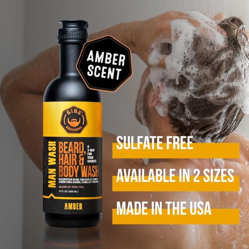 GIBS Grooming - Amber Man Wash (12 fl oz) 3-in-1 Beard, Hair, Body Soap - Citrus, Oak, Basil Scent - Sulfate Free - Tea Tree Oil, Hemp Oil, Protein - Mens Body Wash & Mens Shampoo - Made in USA