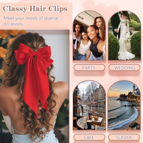 STGDAK Valentine's Day Hair Bows Classic Bow Clips Red Ribbon Bow Barrettes Large Bowknot Clip Satin Bowknot French Barrette Long Tail Cute Valentines Day Hair Accessories For Girls Women Teens