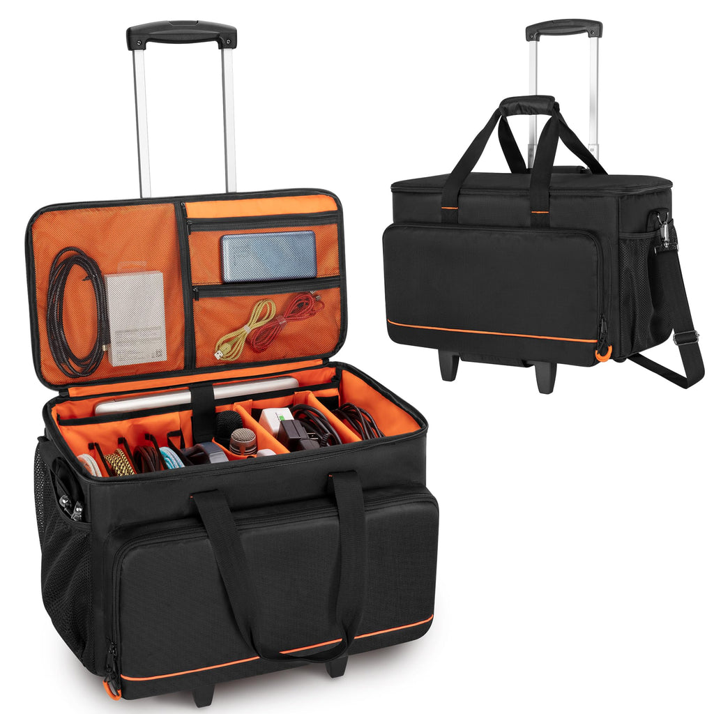 Trunab Rolling DJ Cable File Bag with Hard Padded Bottom,Detachable Dividers and Dolly,Travel Gig Bag for Professional DJ Gear, Musical Instrument and Accessories