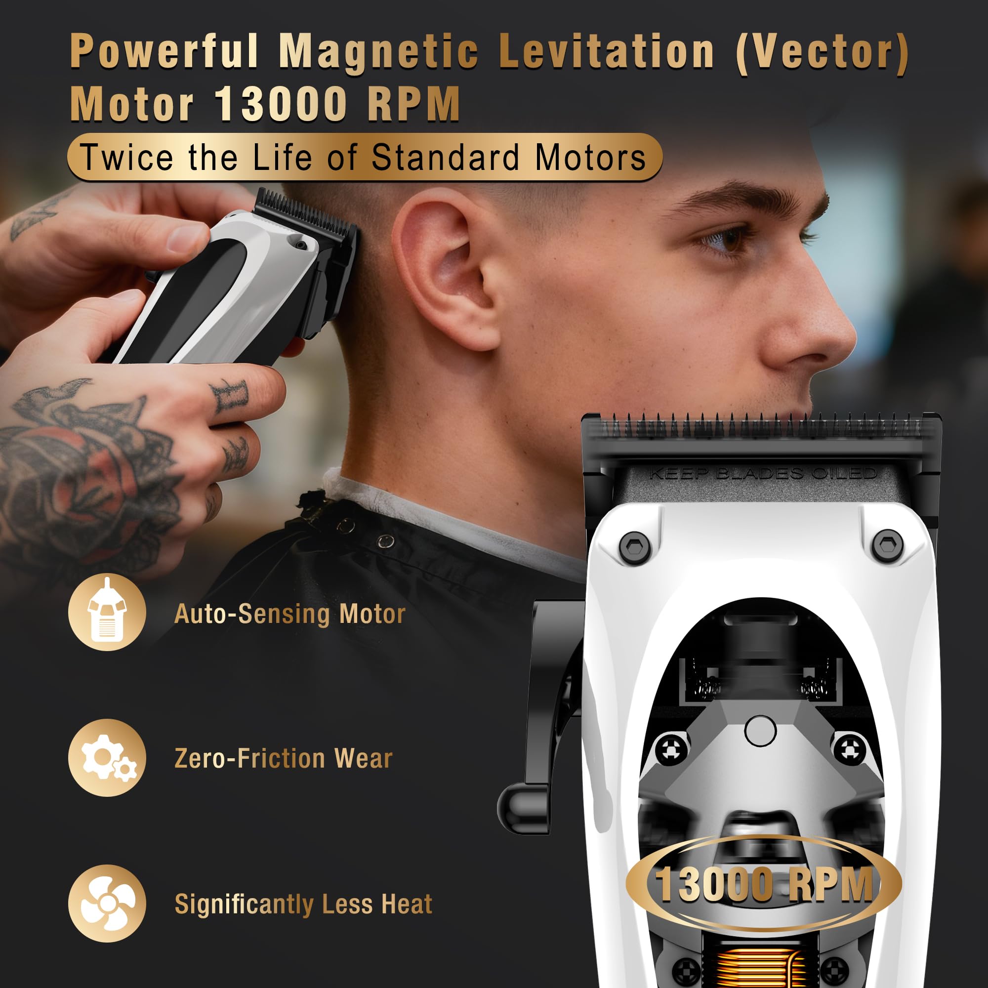 Phantom Professional Hair Clippers for Men, Cordless Barber Clippers & Trimmer Set with Magnetic Levitation Motor (Vector Motor), 13000 RPM DLC Blades, Zero-Gap Trimmer for Fades, Blends & Line Ups