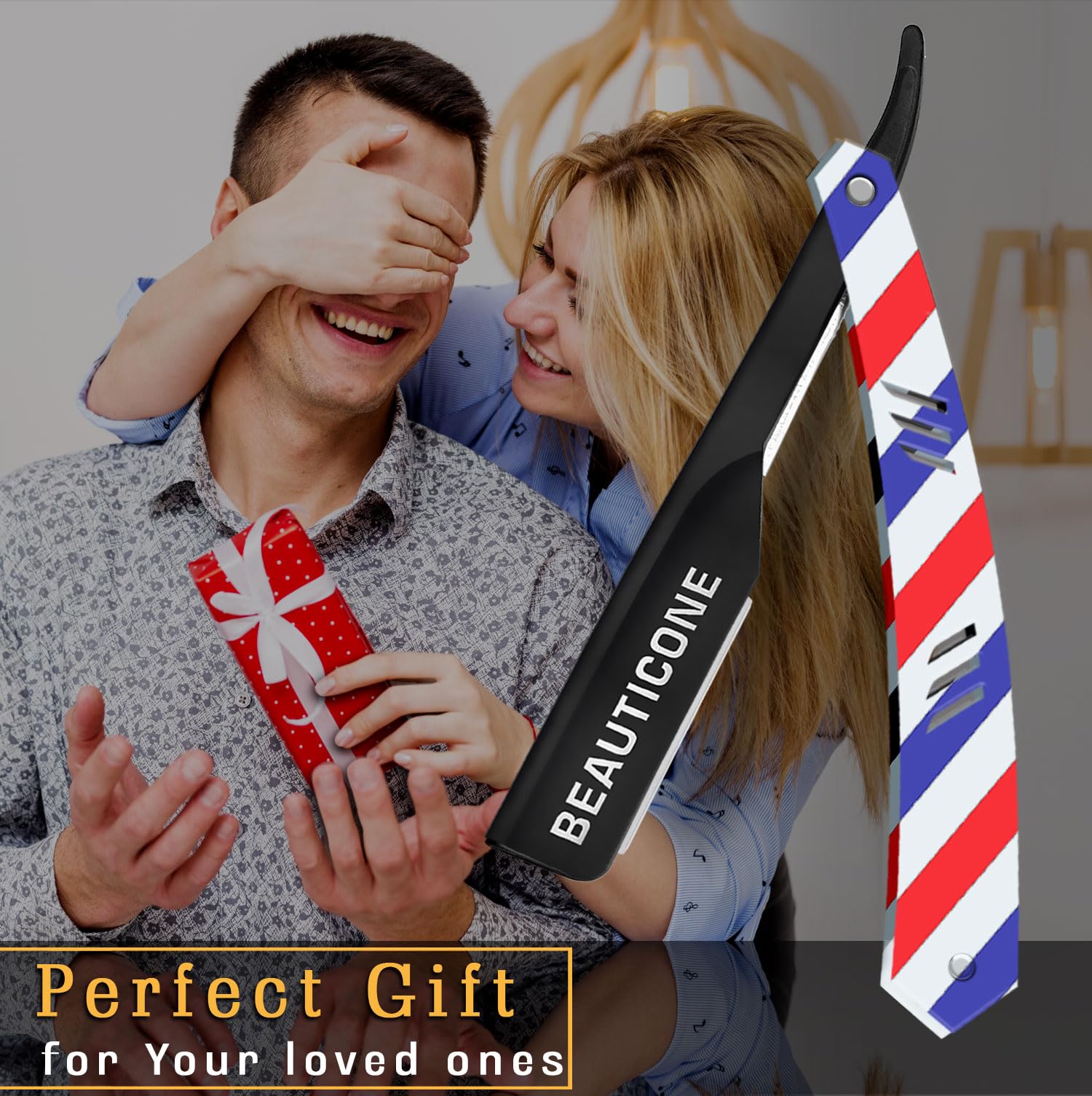 BEAUTICONE Barber Straight Razor for Men – Professional Shavette with Slide-Out Blade Holder, 100 Stainless Steel Blades Included, Cut Throat Razor, Pole Stripe