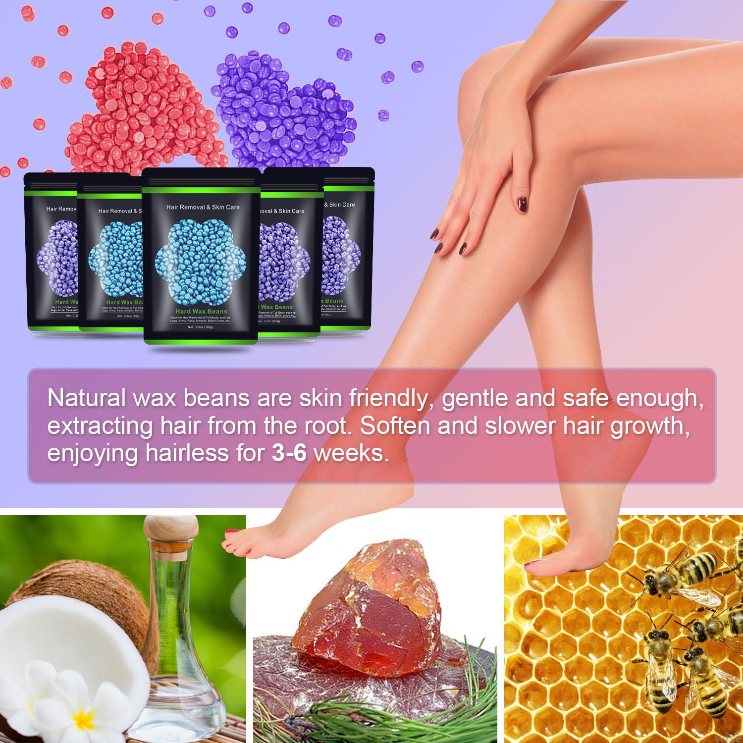 Auperwel Wax Beads for Hair Removal 1.1 lb (17.6 oz), Hard Wax Waxing Beads Kit for Sensitive Skin Brazilian, Face, Bikini, Eyebrow, Legs, Painless for Women Men, 5 packs with 10 Sticks