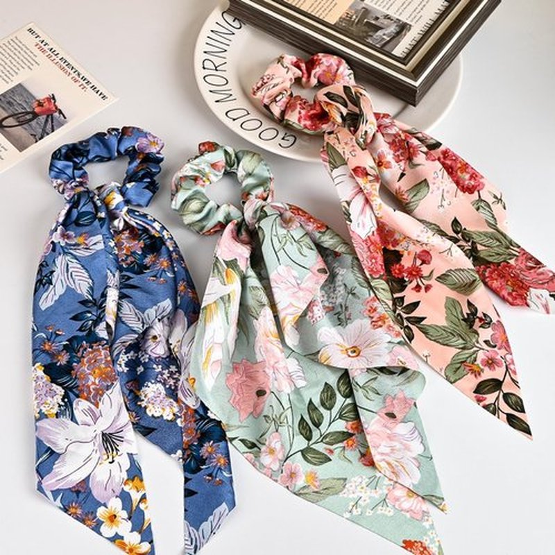 Mirlern 4-Piece Satin Hair Scarf Scrunchies for Women Girls, No Damage Cute Hair Ties with Bow Ribbons Ponytail Holders Elastic Rubber Bands (Lily)