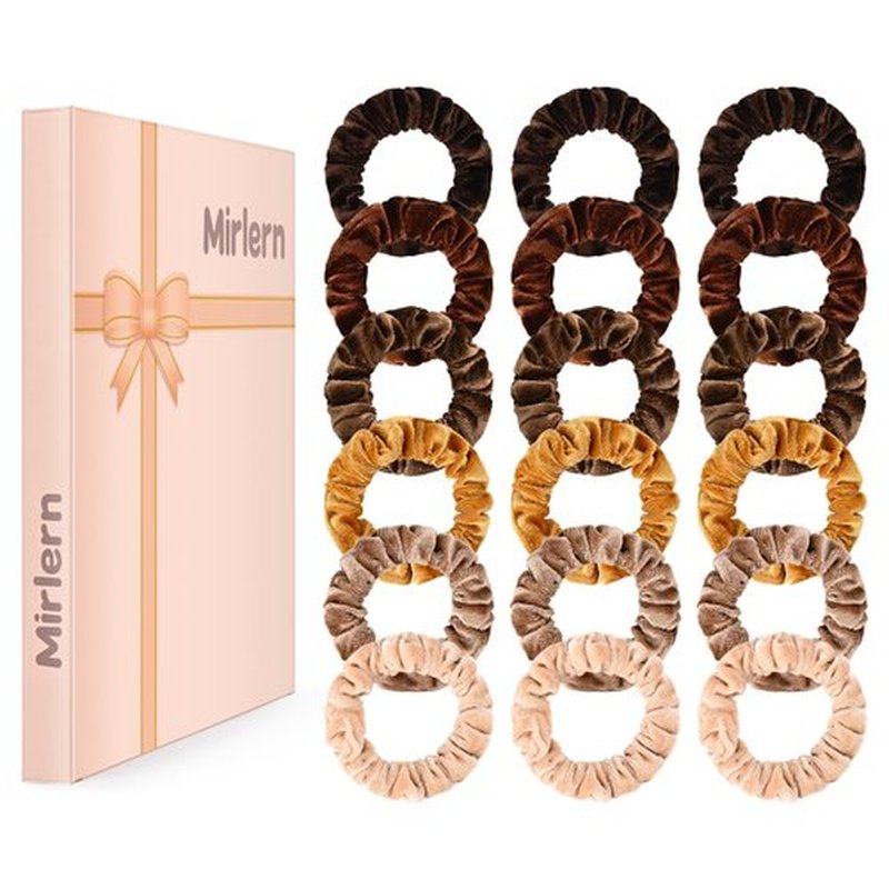 Mirlern 18-Piece Small Velvet Scrunchies for Women and Girls, Elastic Mini Thin Hair Ties for Thick and Thin Hair, Soft Ponytail Holders Hair Accessories Ropes (Coffee)