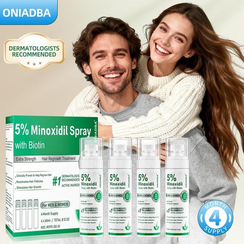 5% Minoxidil Spray for Hair Growth, 4 Pack (8.12oz), For Men & Women – Extra Strength Hair Regrowth Treatment with Biotin & Castor Oil, Supports Thicker Fuller Hair & Beard, Non-Greasy 4-Month Supply