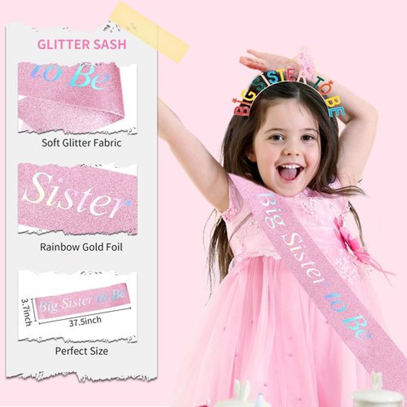 Exacoo Big Sister to Be Set Baby Shower Glitter Pink Sash Multicolor Headband Promoted to Be New Big Sis Announcement Gifts for Daughter Older Siblings of New Baby Party Supplies Accessories