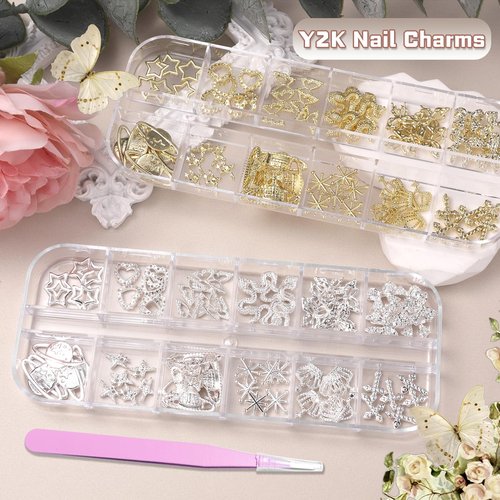 144 Pcs Silver Gold Nail Charms Y2K, 3D Butterfly Bows Planet Nail Gems Charms, Heart Cross Star Metal Nail Jewelry Charms for Nails Art Design DIY Accessories