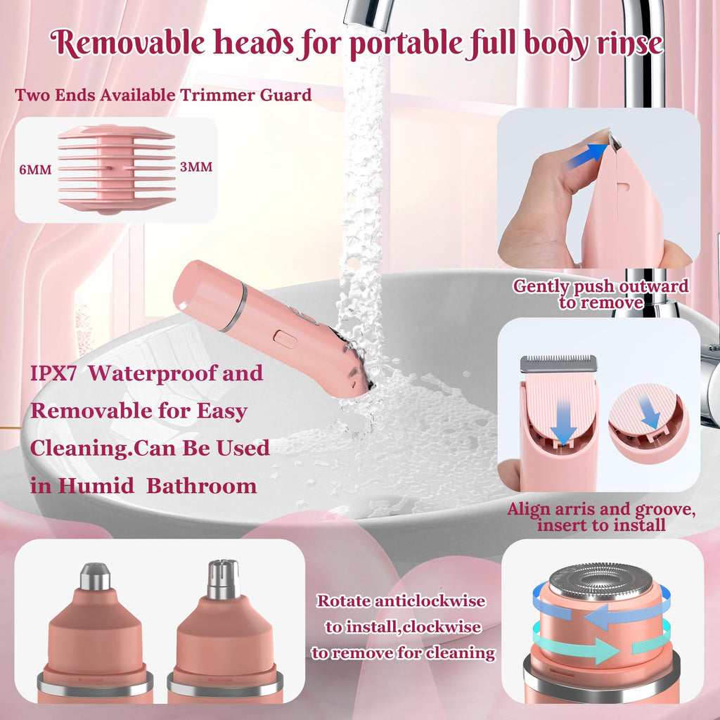 Bikini Trimmer for Women,4 in 1 Electric Razors for Women with Ceramic Blades,Waterproof Pubic Hair and Face Har Trimmer,Replacement Noise Hair and Eyebrow Shaver,Grooming Kit for Travel