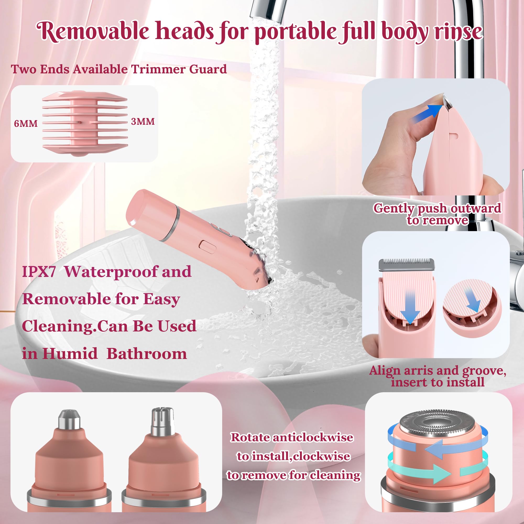 Bikini Trimmer for Women,4 in 1 Electric Razors for Women with Ceramic Blades,Waterproof Pubic Hair and Face Har Trimmer,Replacement Noise Hair and Eyebrow Shaver,Grooming Kit for Travel
