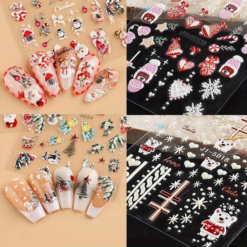 8 Sheets 5D Christmas Nail Art Stickers Self-Adhesive Embossed Cute Santa Claus Reindeer Xmas Tree Designs Cartoon DIY Xmas Nail Art Stickers Decals Christmas Nail Supplies for Women Nails Art Decor