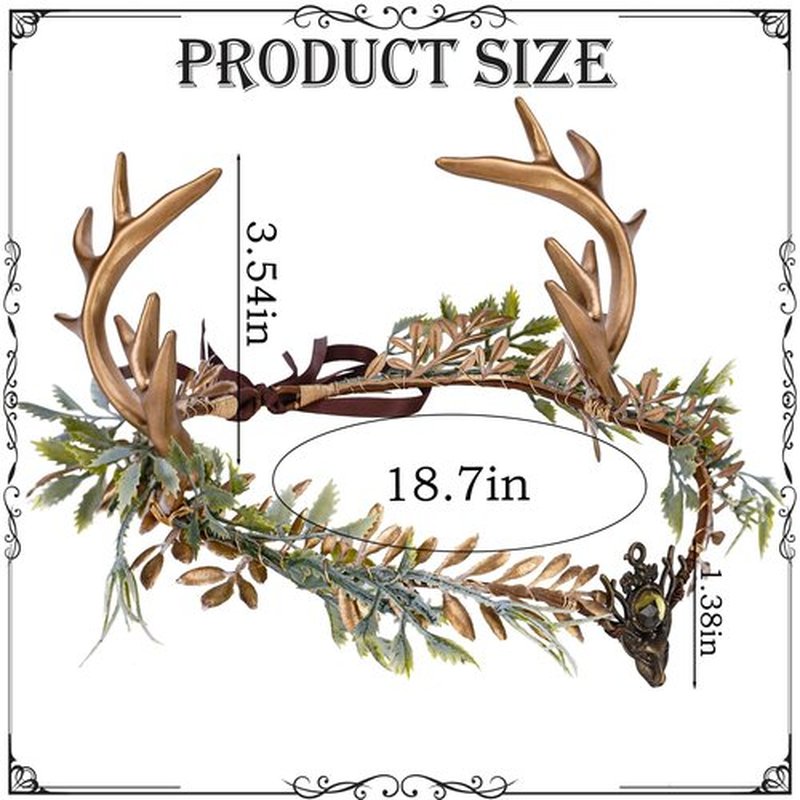 MOSTORY Woodland Gold Antler Crown - Forest Elf Headpiece Fairy Floral Circlet for Women Renaissance Fair Halloween Renfaire Cosplay Photo Shoot