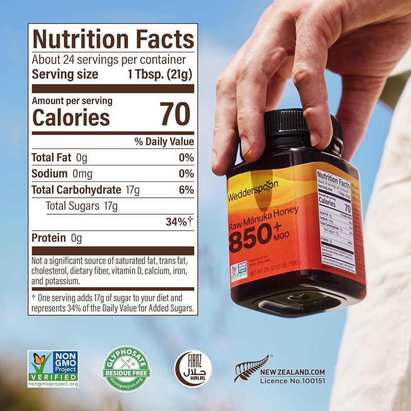Wedderspoon Raw Manuka Honey 850+ MGO - Unpasteurized Superfood in BPA-Free 17.6 Oz Jar