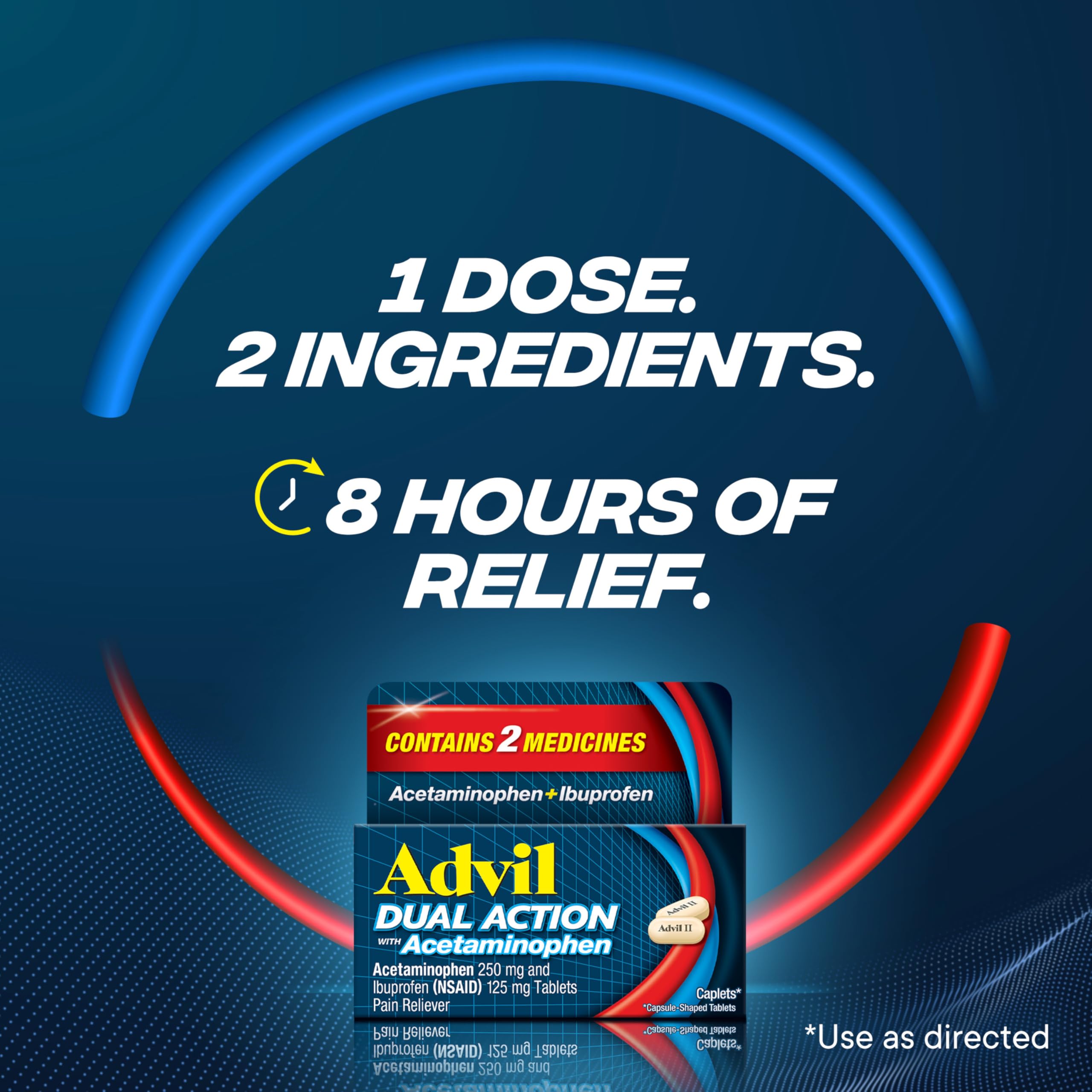 Advil Dual Action Coated Caplets with Acetaminophen, 250 Mg Ibuprofen and 500 Mg Acetaminophen Per Dose (2 Dose Equivalent) for 8 Hour Pain Relief - 216 Count