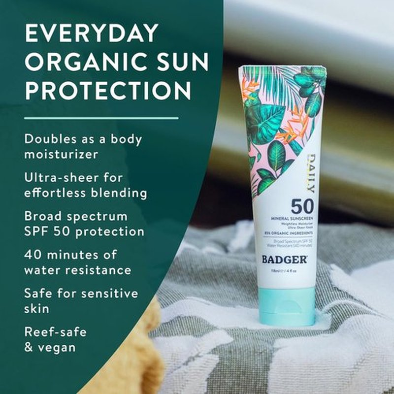 Badger SPF 50 Mineral Sunscreen - Lightweight, Reef Safe & Moisturizing | 4 fl oz, Unscented, 85% Organic