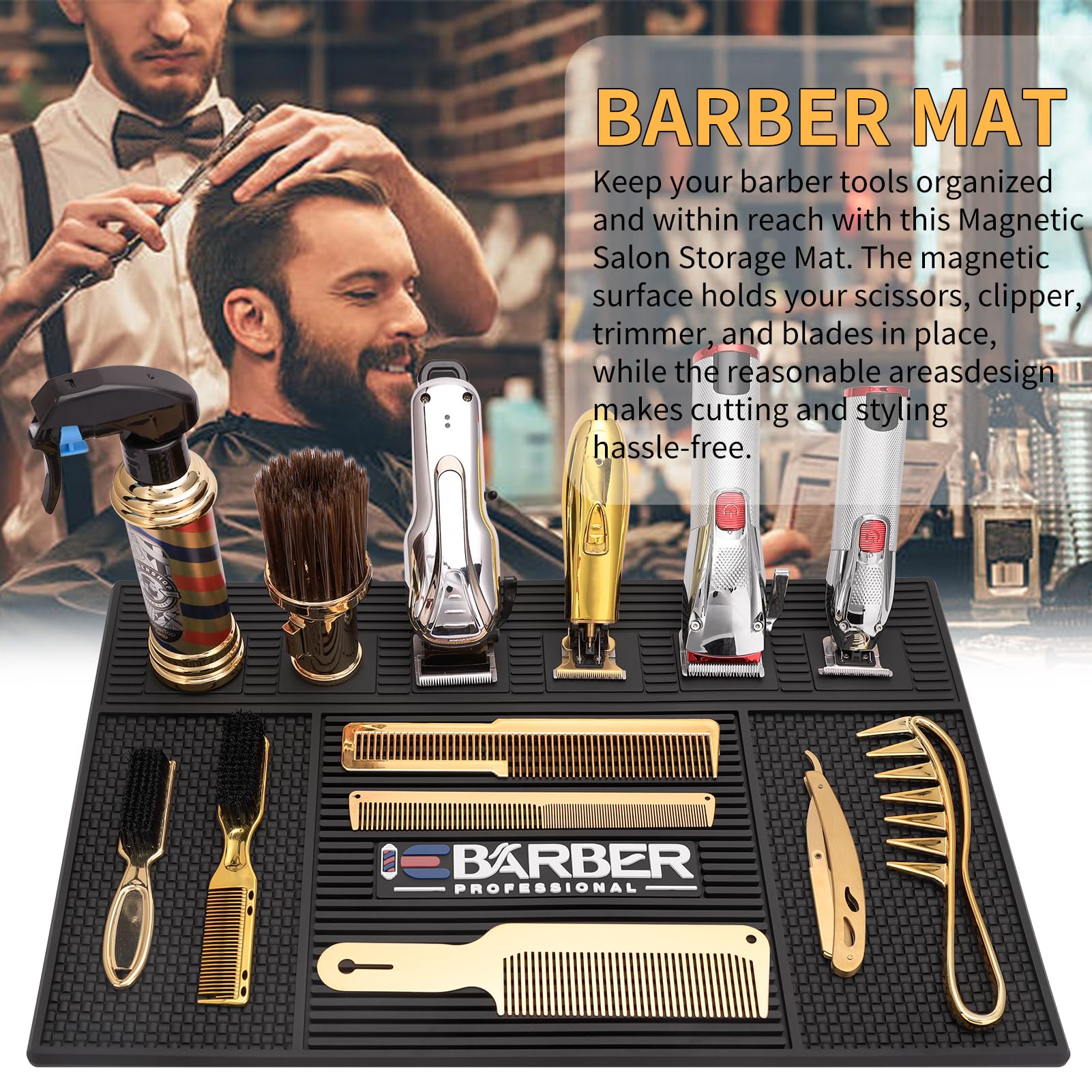 IEBARBER Magnetic Barber Mat for Station Barber Organizer Mat for Clipper Salon Station Tools with 6 Slots for Clippers Salon Barbershop Work Station Pads anti slip 19" X 12.5”-Black