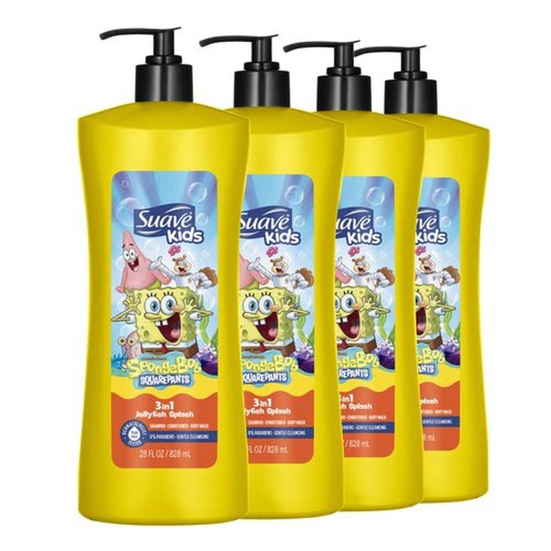 Suave Kids SpongeBob SquarePants 3 in 1 Shampoo, Conditioner & Body Wash JellyFish Splash Scent, Tear-Free & Gentle, Dermatologist Tested, 4 Count, 28 FL OZ Pump
