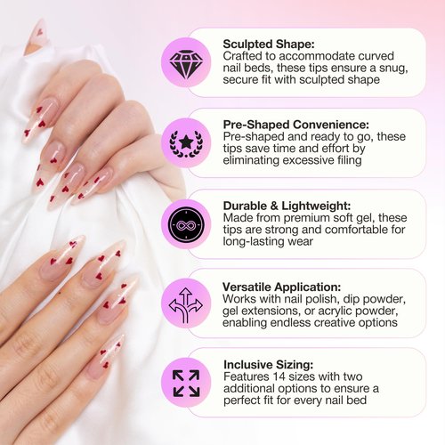 Curacoro Sculpted Long Almond Gel Nail Tips 420Pcs, Clear Full Cover Soft Acrylic Tips 14 Sizes, Easy to Use, Long-Lasting, Glossy Finish