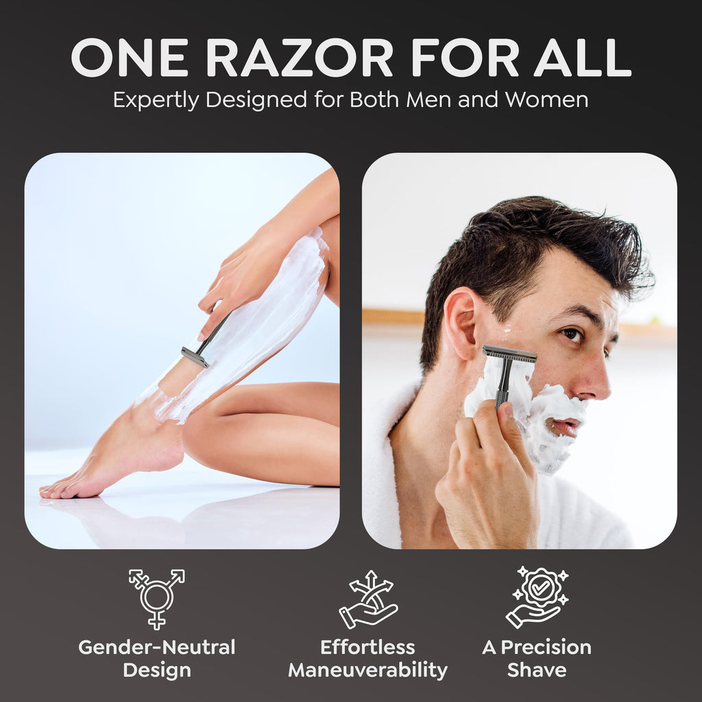 Parker 78R Double Edge Safety Razor with 5 Safety Razor Blades, Women & Men’s Safety Shaving, Reusable, Plastic-Free – Graphite