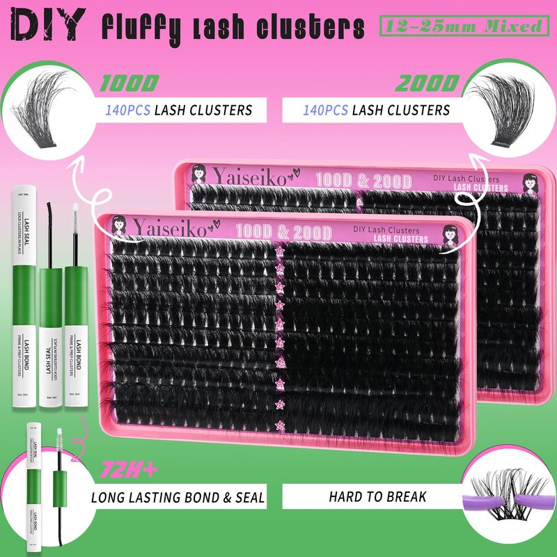 Yaiseiko Lash Clusters Kit 100D+200D Thick Volume Eyelash Clusters Kit 12-25mm Wispy Individual Lashes D Curl Long Cluster with Lash Bond and Seal Waterproof DIY Lash Extension Kit(KIT-280PCS)