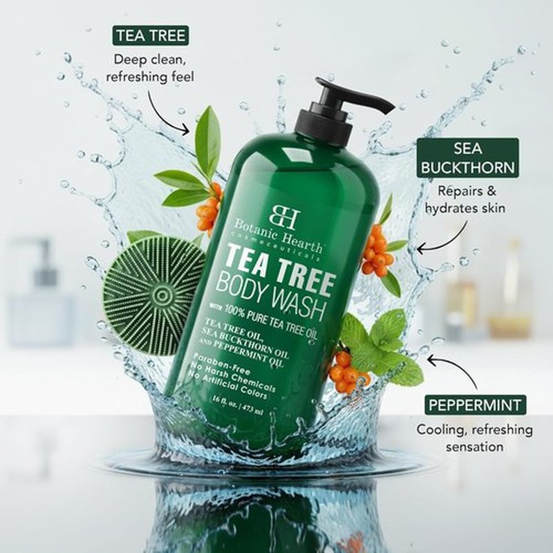 Botanic Hearth Tea Tree Body Wash - Infused with 100% Pure Tea Tree Oil & Coconut | 16 fl oz with Dual-Sided Brush