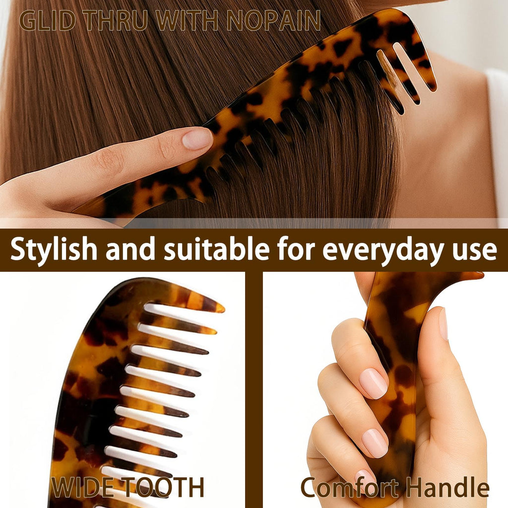 Wide Tooth Comb for women - Large Hair Detangling Comb for Curly Wavy Wet Dry Hair, Cellulose Acetate Combs 2 Pack (Tortoise Shell)