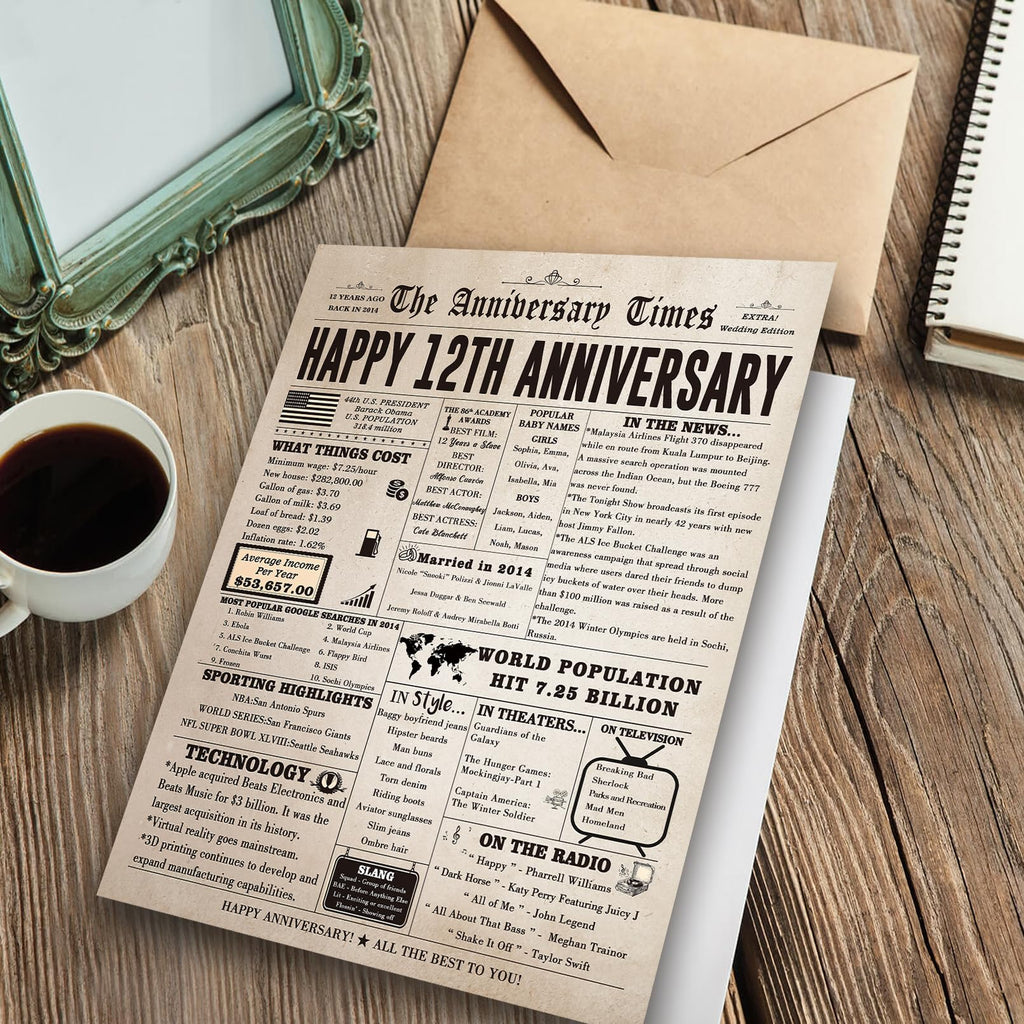 FANCYLUCKY Big 12 Year Anniversary Card Gifts for Him Her, Retro 12th Wedding Anniversary Card for Husband Wife, Silk Anniversary Together Gift