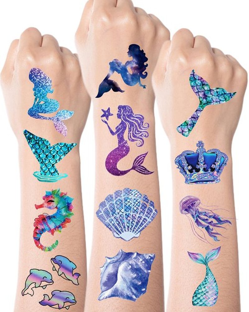 SUNAI Mermaid Party Favors - 100 Style Pre-Cut Mermaid Temporary Tattoos(2x2 Inch) Perfect for Under The Sea Themed Birthday Party Decorations, Supplies, Goodie Bag Fillers