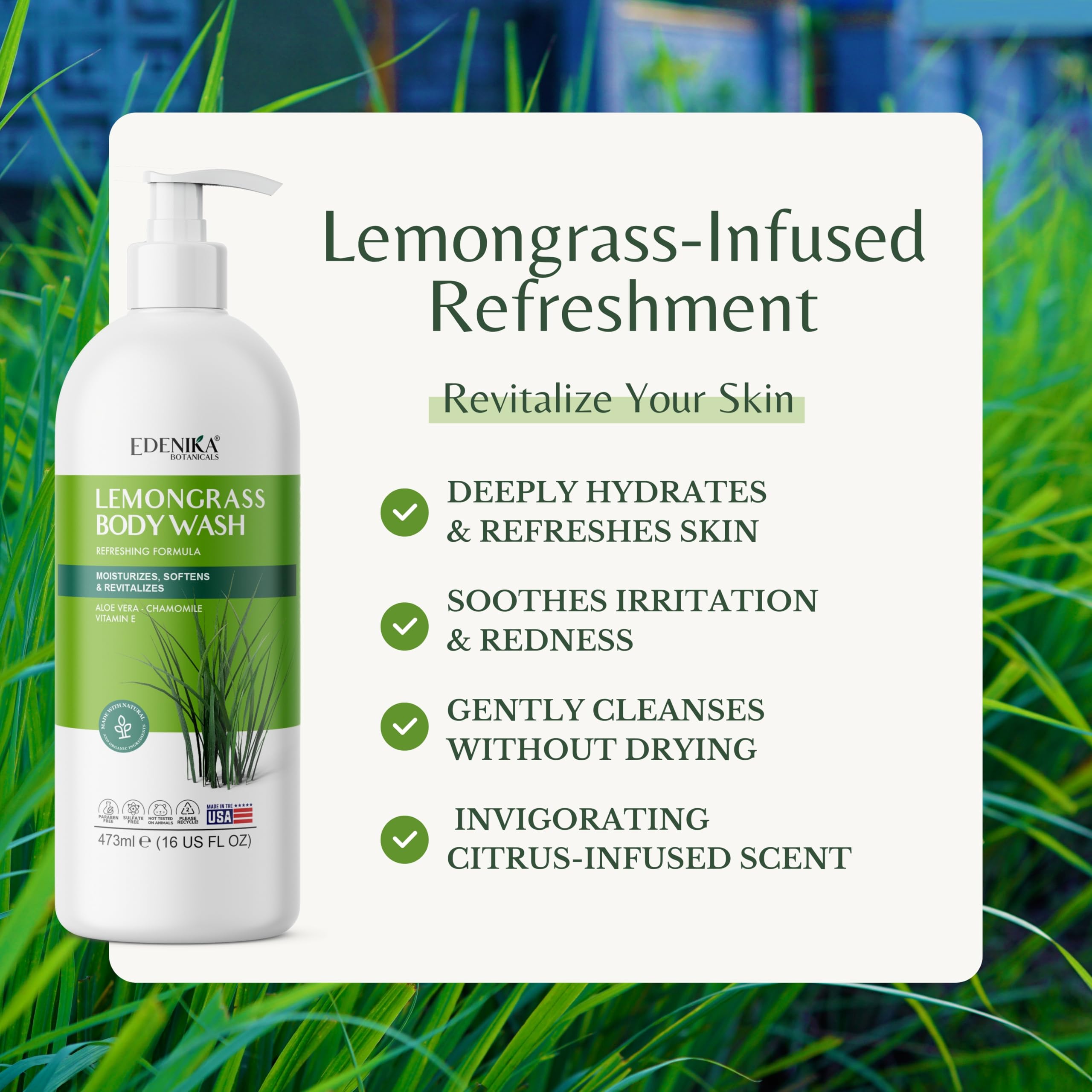 EDENIKA BOTANICALS Lemongrass Body Wash with Vitamin E, Cleanses, Refreshes & Invigorates, Shower Gel for Dry and Sensitive Skin, Women & Men, Organic & Natural, 16 fl oz, 2-Pack