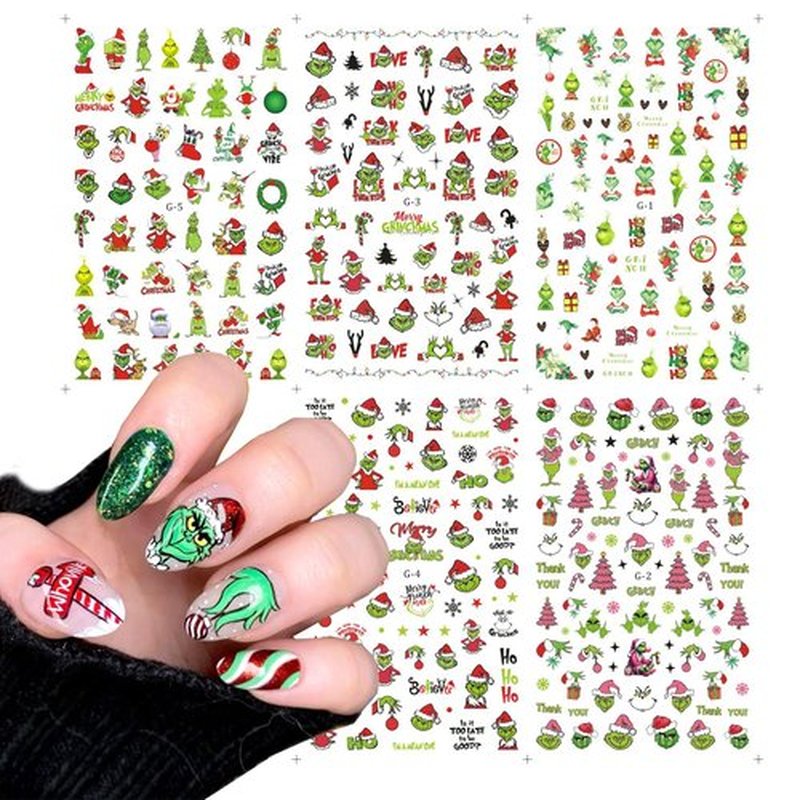 Christmas Nail Stickers for Nails Art, Xmas Cartoon Nail Art Stickers Decals Funny Cute Green Monster Nails Design Decals 3D Self-Adhesive Nail Supplies for Women Christmas Manicure Accessories,5Pcs