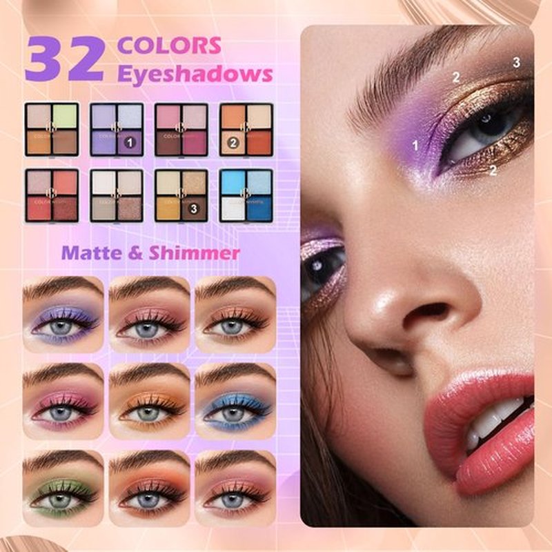 Color Nymph Girls Makeup Kit for Teen | Full Starter Cosmetics Makeup Set With Train Case | Included 32 Colors Eyeshadow, Bronzer, Contour Powder, Blush, Highlighter, Lip Gloss (Pink)