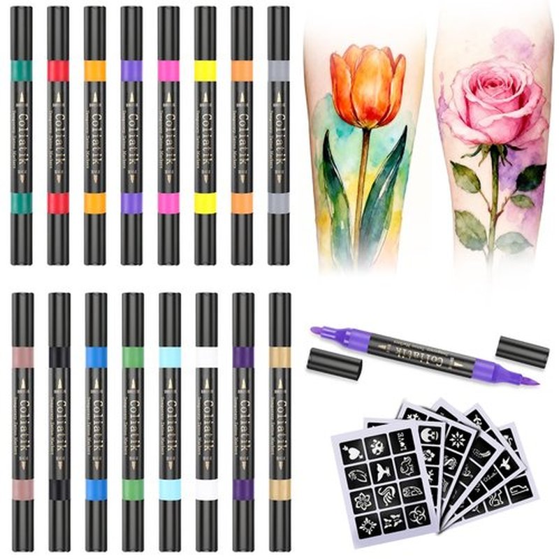 Coliatik Temporary Tattoo Markers for Skin – Dual-End 16 Colors + 80 Stencils Kit, Skin-Safe Washable Cosmetic-Grade Body Art Pens for Kids & Adults
