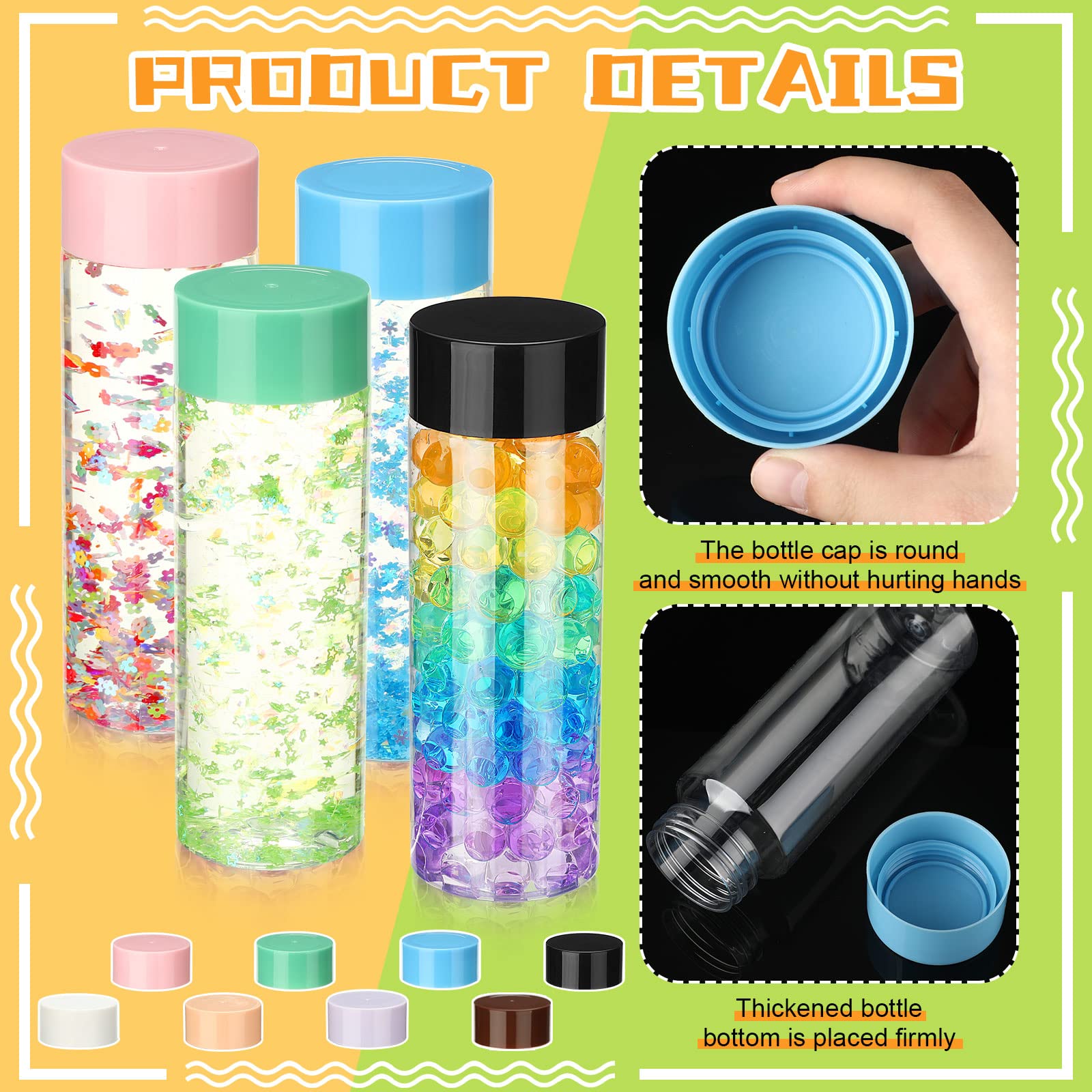 Hoolerry 16 Pcs Empty Plastic Sensory Bottles with Lids Reusable Clear Plastic Sensory Water Bottles for DIY Crafts Handmade Party Decoration(Multi Colors,13.5 oz)