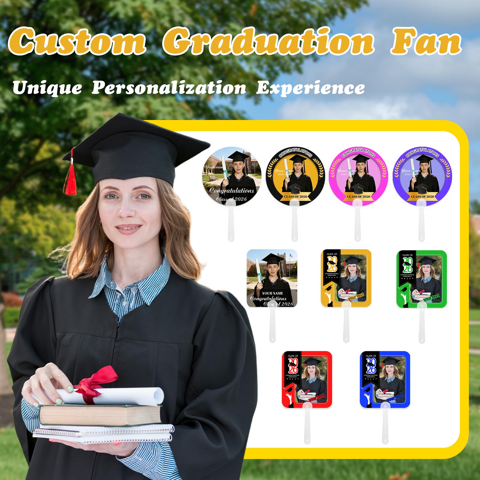 HJX 24Pcs Personalized Graduation Fans with Photo Class of 2026 Custom Fan Photo Frames with Handle for Graduation Party Souvenirs (24)