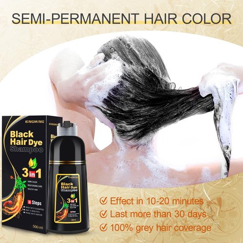 KINGMING Black Hair Dye Shampoo for Gray Coverage, 3 in 1 Herbal Instant color with 100% Cover for Women & Men (500ml)