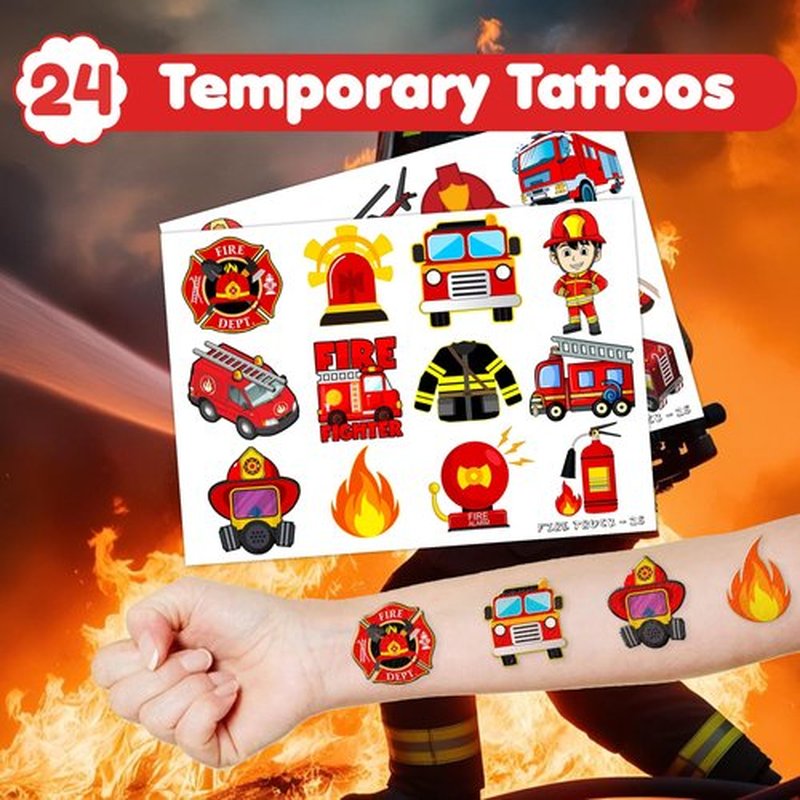 48PCS Fire Truck Party Set - 24PCS Temporary Tattoos & 24PCS Slap Bracelets - Firefighter-Themed Birthday Supplies, Baby Shower Gifts, Classroom Rewards & Party Decor for Kids (Boys & Girls)