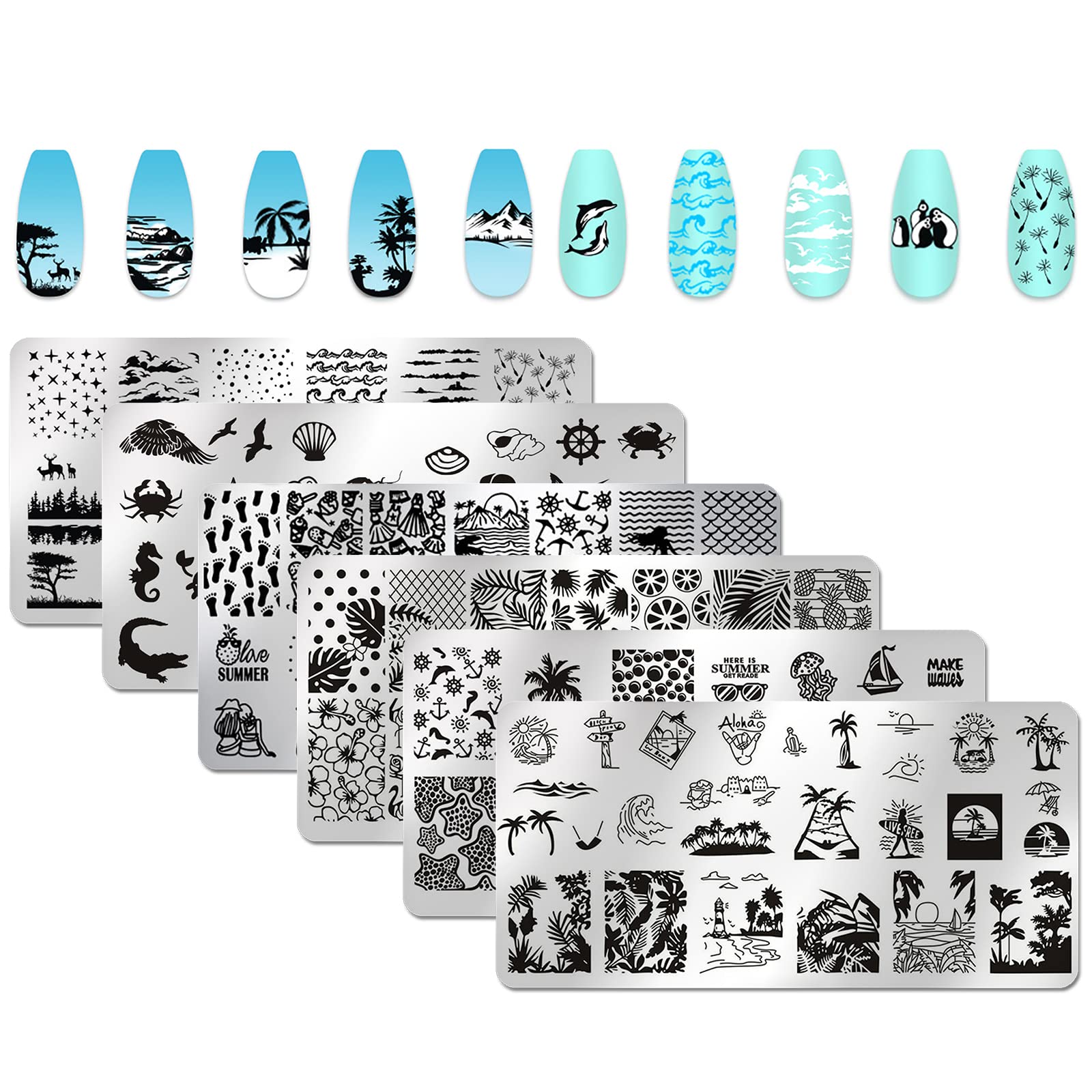 XEAOHESY 6pcs Seaside Scenery Nail Stamping Plate Nail Stamping Kit for Nails Summer Beach Coconut Trees Sunset Waves Sea Animals Image Plates Nail Stamper Kit