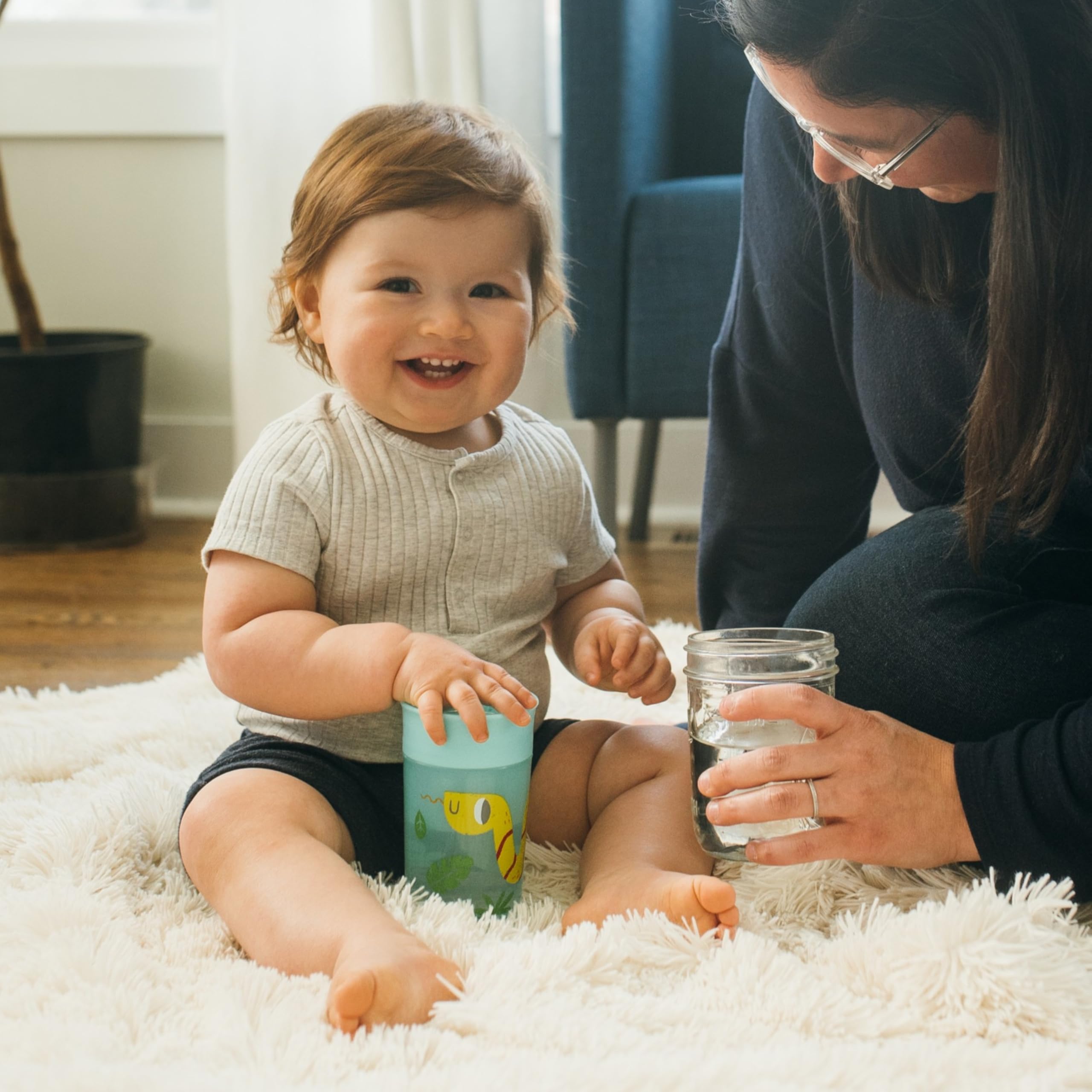 Dr. Brown's Milestones Cheers 360 Spoutless Transition Cup, Travel Friendly and Leak-Free Sippy, Blue/Green Animals, 10 oz/300 mL, BPA-Free, 9m+, 2-Pack