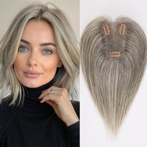 starluck 10 Inch Real Human Hair Topper for Women - 10 Inch No Bangs Topper with 3x4.5 Inch Swiss Lace Base, for Thinning Hair & Gray Root Coverage (Salt Papper)