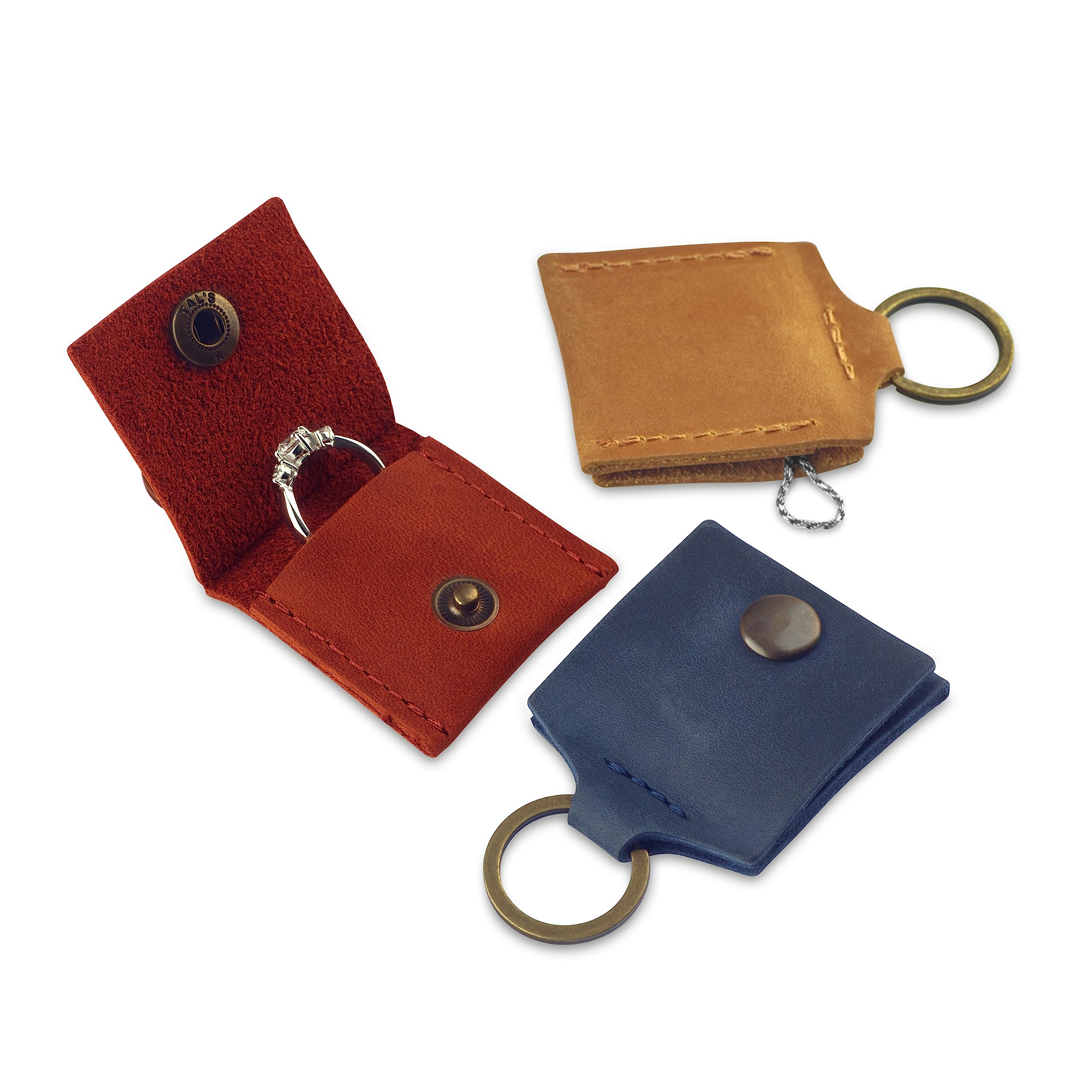 Leather Keychain Ring Holder, Wedding Ring Travel Case, Engagement Ring Holder, Ring Pouch Bag, Workout and Gym Ring Holder, Small Soft Leather Ring Bearer (Blue)