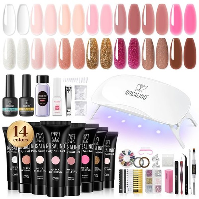 ROSALIND Poly Nail Gel Kit Starter -14 Colors + 72 Nail Art Accessories kit Builder Clear Pink Glitter Gel with Mini U V Lamp Nude Pink Strengthener 3D Molding