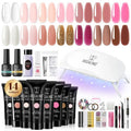 ROSALIND Poly Nail Gel Kit Starter -14 Colors + 72 Nail Art Accessories kit Builder Clear Pink Glitter Gel with Mini U V Lamp Nude Pink Strengthener 3D Molding